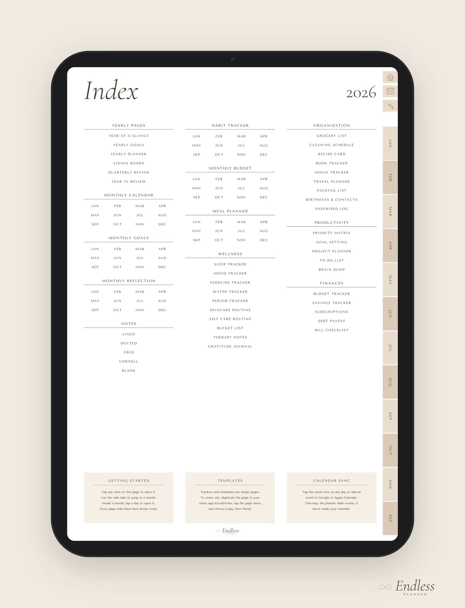 Index page of the planner