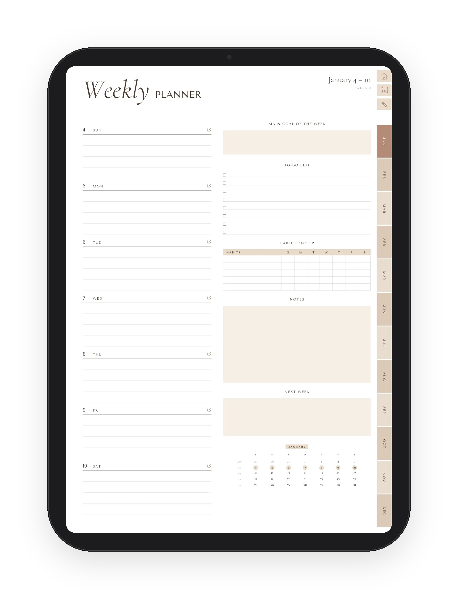 Weekly page with calendar buttons